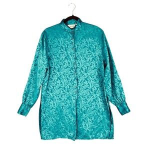 Christie & Jill Teal Damask Jacquard Tunic Blouse Vintage 90s Mandarin Collar S
